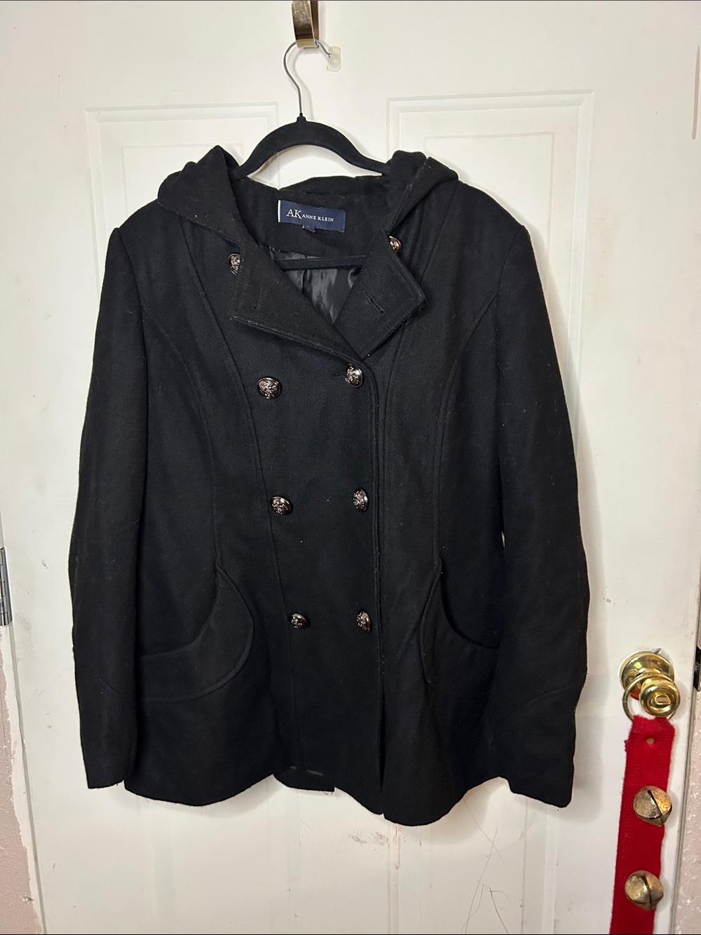 Anne Klein Black Double-Breasted Hooded Pea Coat